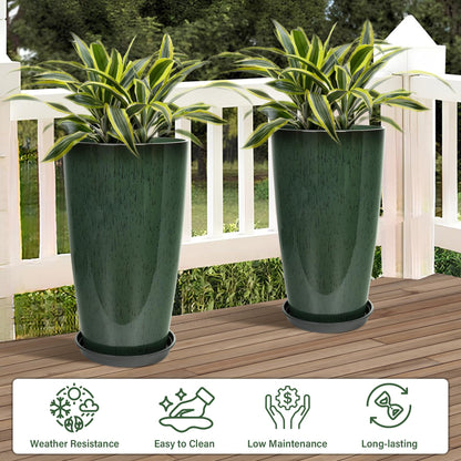 Neoaider Set of 2 Lightweight Ceramic-Look Tall Planter, 21 inch Large Plastic Planter with Drain Hole & Saucers, Large Outdoor Planters for Porch, Garden, Patio, Balcony(Dark Green)