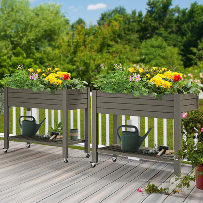 YITAHOME 43.3x17.7x34 in Elevated Garden Bed, Outdoor Plastic Planter Box with Wheels, Legs, Drain Plug, and Storage Shelf for Plants, Vegetables, Flowers, Herbs, Light Brown