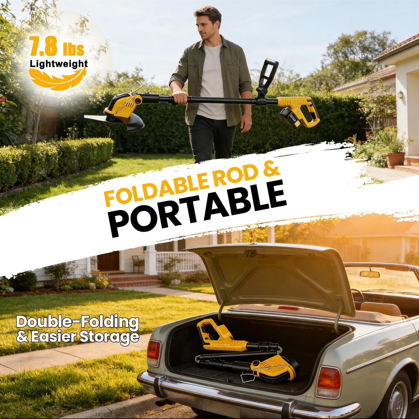 21V 800W Brushless Cordless Weed Wacker, 12 Inch Electric Weed Eater with Wheels, 2×3000mAh Batteries Included & 4 Cutting Blades for Lawn Garden Yard Maintenance