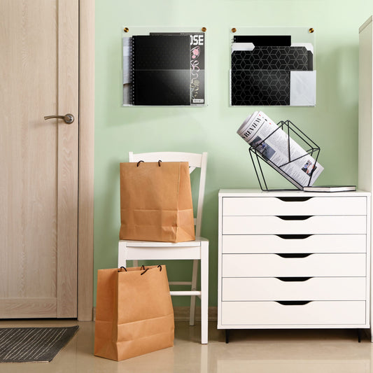 Merely Home Premium Clear Acrylic Wall File Organizer 2-Pack | Mail Holder Wall Mount | Office Document Sorter with 3 Screw Cap Colors