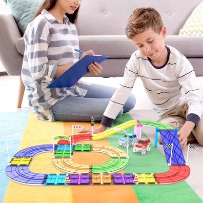 PicassoTiles 45pc Magnetic Tiles Race Track Set With 2 Racing Cars Plus Traffic Accessory Kit STEM Educational Learning Construction Building Magnet Tile Toy For Toddlers Boys Girls Kids Age 3+ PTR451
