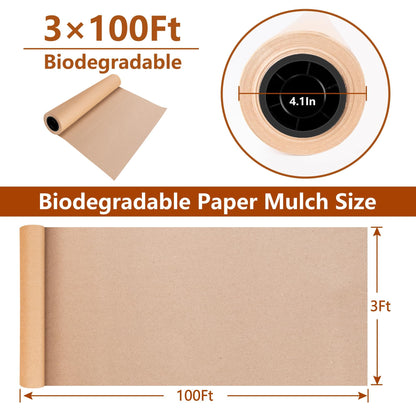 DECOHS 3 x 100 Ft Biodegradable Paper Weed Barrier- Heavy Duty Biodegradable Garden Bed Grass- Garden Paper Weed Control Barrier Weed Grass Blocker for Outdoor Garden Lawn