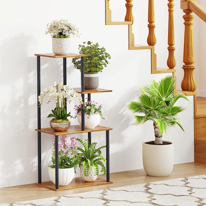 yeavs Plant Stand Indoor, 4-Tier Plant Shelf Multiple Metal Wood Flower Pot Holder for Living Room Office Balcony Patio, Rustic Brown