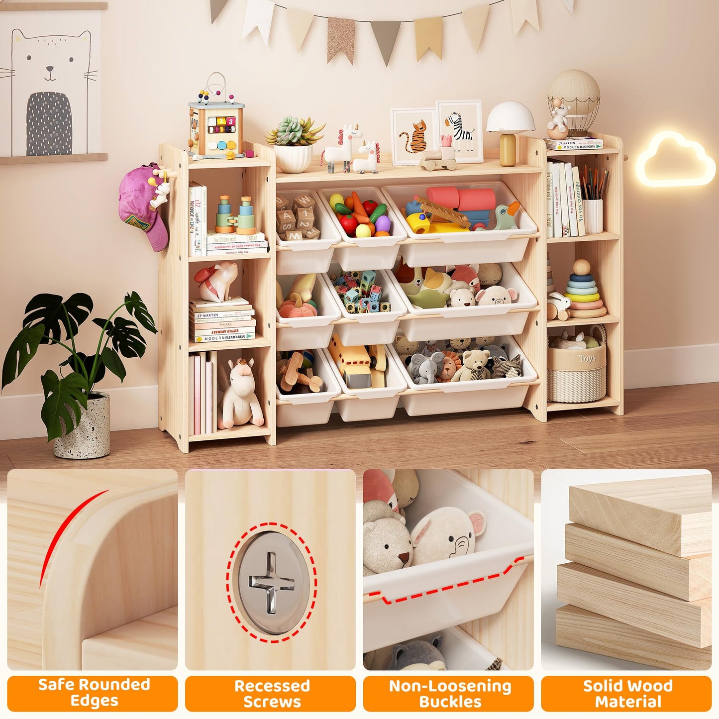 GITAWUSA Toy Storage Organizer, Kids Bookshelf with 6 Shelves, 9 Toy Bins & 6 Hooks | Toy Shelf, Storage Bin Unit, Toy Organization for Playroom, Nursery, Bedroom, Toddler Room | Wood & White