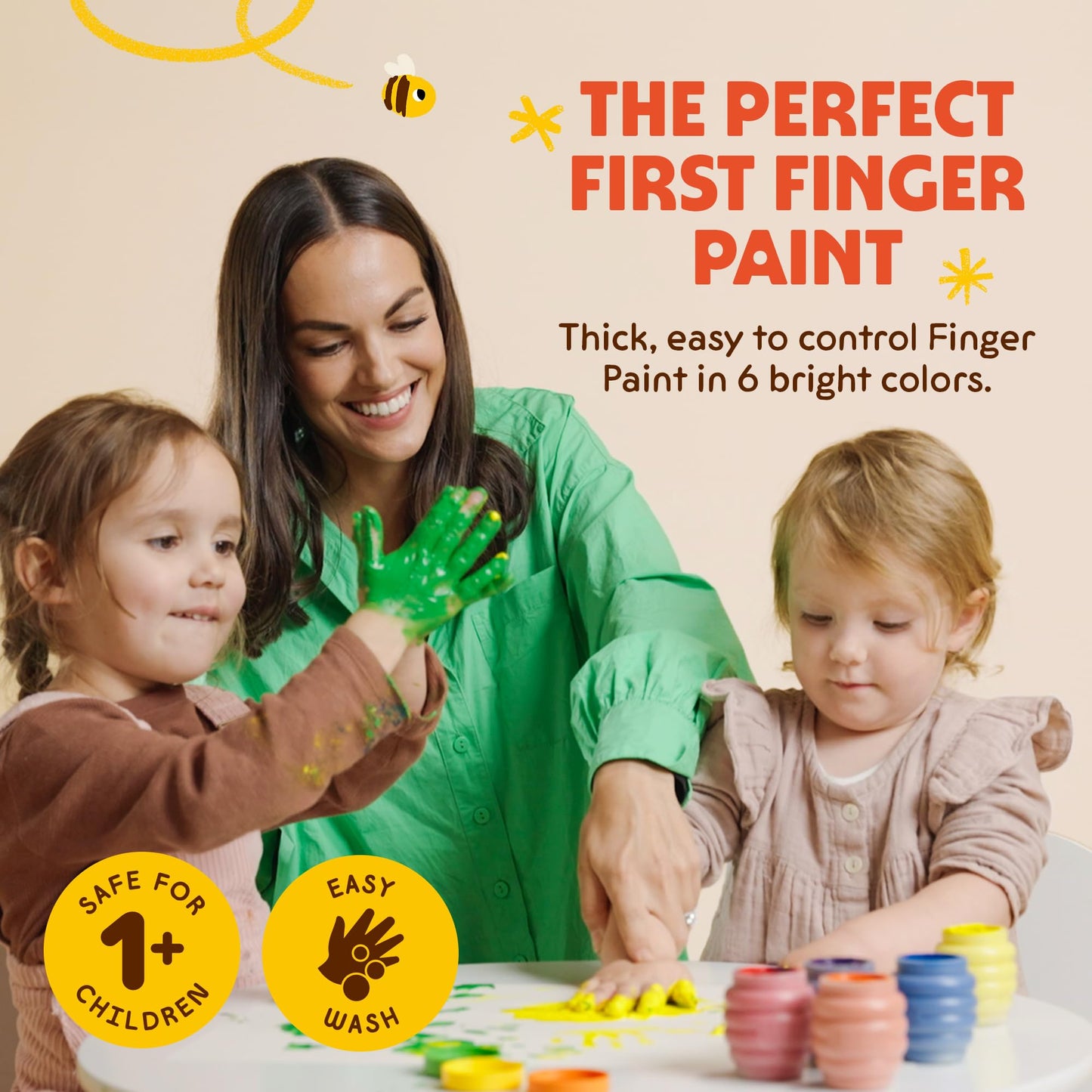 Honeysticks Non Toxic Finger Paint (6 Bright Colors), Washable from Skin, Safe Finger Painting for Toddlers, Kids Ages 1-3, 2-4, 3-5, Perfect First Paint for Little Artists Age 1+, Water Based, Eco