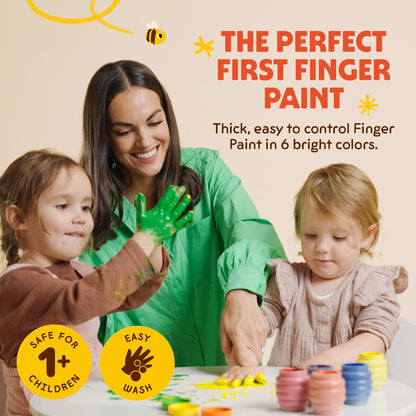Honeysticks Non Toxic Finger Paint (6 Bright Colors), Washable from Skin, Safe Finger Painting for Toddlers, Kids Ages 1-3, 2-4, 3-5, Perfect First Paint for Little Artists Age 1+, Water Based, Eco