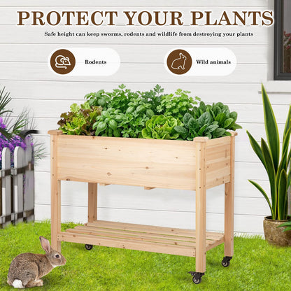 Nature Crafted Raised Garden Bed with Lockable Wheels, 40x24x32 inch Elevated Wood Planter with Storage Shelf Protective Liner for Vegetable Flower Herb Outdoor Balcony Patio Backyard, Natural