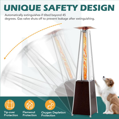 PATIOPIA 48,000 BTU Flame Pyramid Pool Heater With Cover, Triple Safety Protection Portable Patio Heater with Patio Cover, Warm Glass Tube with Durable Wheels-Brown