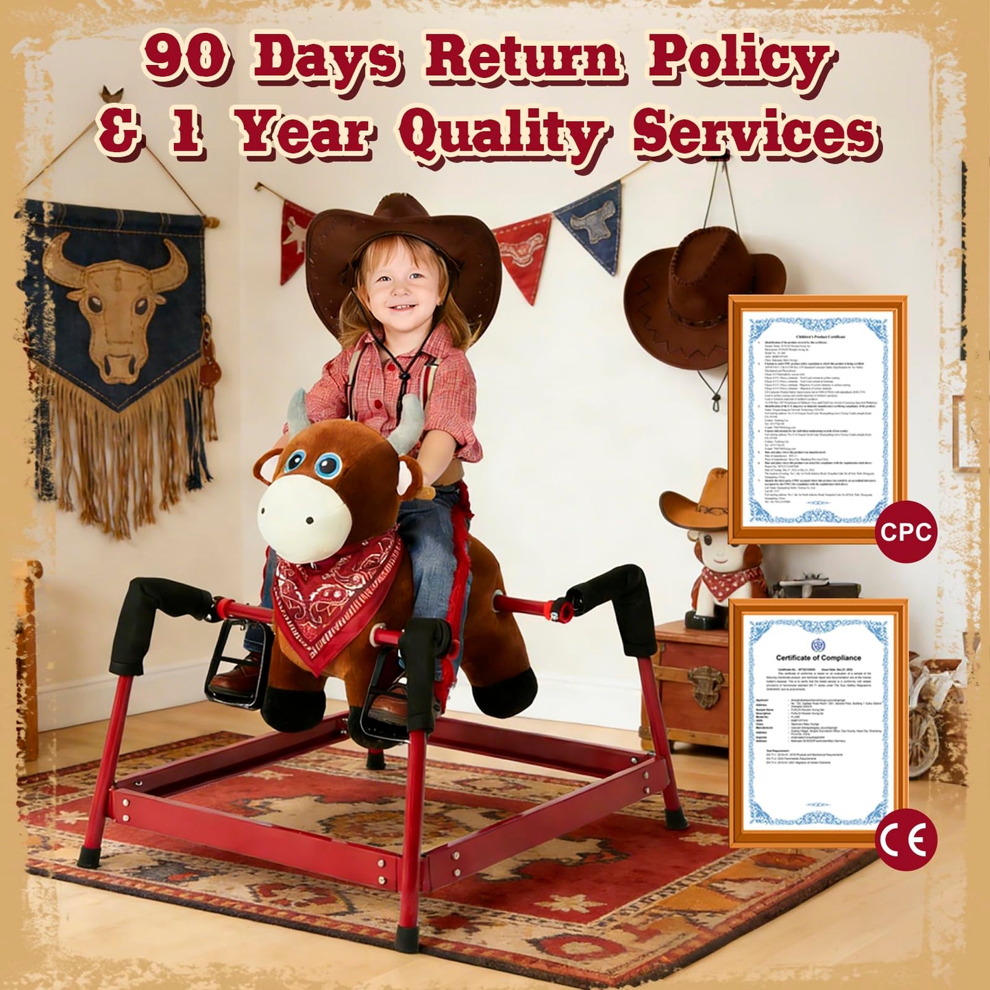 FUNLIO Bull Spring Rocking Horse for Kids 3-6, Wild Ride on Horse with Covered Spring & Sturdy Frame, Neighing & Galloping Sound for Pretend Play, Spring Horse Toys Gift, CPC & CE Certified