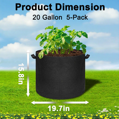 Hemikaki 5-Pack 20 Gallon Grow Bags, Large Nonwoven Fabric Pots with Handles for Planting Fruits, Vegetables, Flowers Indoor Outdoor