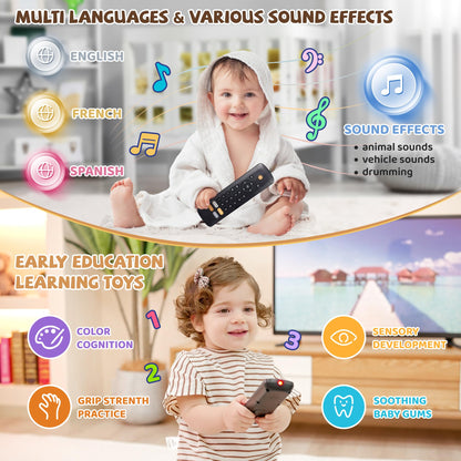Baby TV Remote Toy with Lights & Sounds - Interactive Learning Toy (3 Languages: English/Spanish/French), 50+ Musical Sounds, Realistic Design - Perfect 1 Year Old Gift for Boys & Girls (Black)