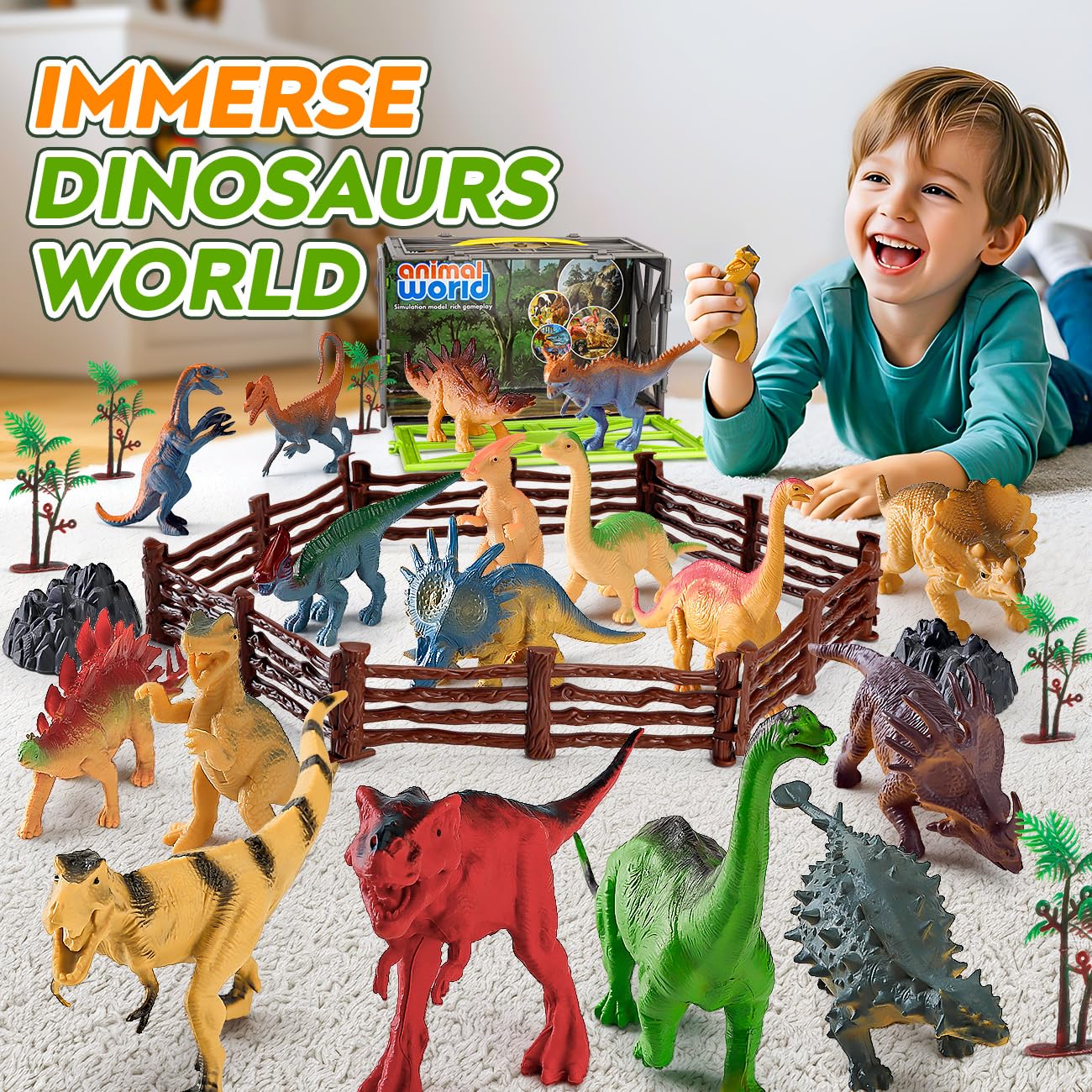 Kiddiworld Dinosaur Toys for Kids 3-5, 31PCS Realistic Plastic Dinosaur Figures with Stone&Tree&Fence in Storage Cage for Toddlers Ages 5-7, Dino Toys Gifts for 3 4 5 Year Old Boys Girls