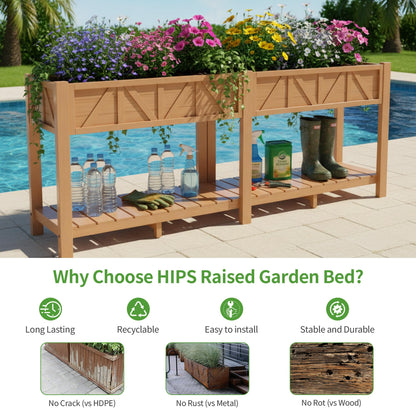 HIPS Elevated Raised Garden Bed with Legs,72"L x 17.3"W x 28.7"H Large Outdoor Planter Box with Storage Rack,All-Weather Raised Bed Planters with 6 Hooks & 2 Non-Woven Liner for Vegetables Flower Herb