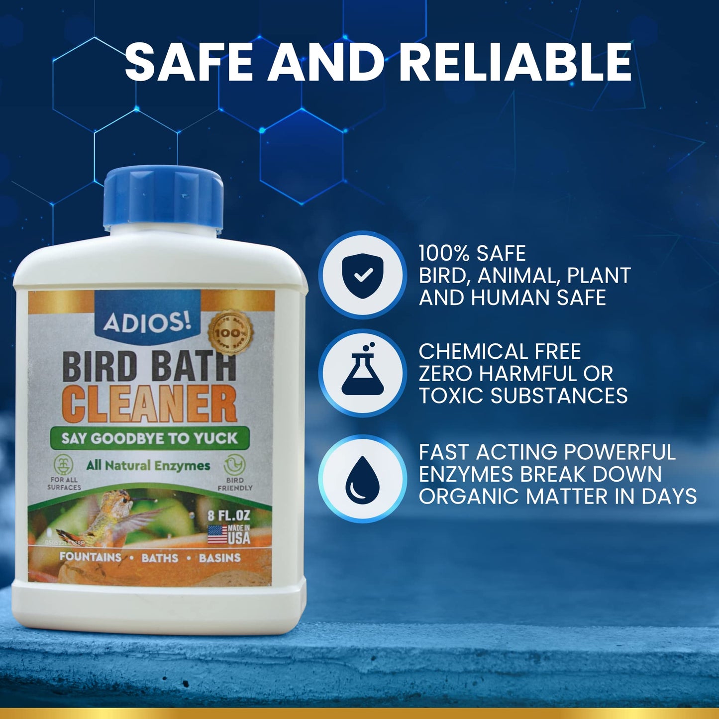 ADIOS! Bird Bath Cleaner for Outdoor Fountains and Bowls, Safely Cleans Metal, Glass and Stone (16oz)