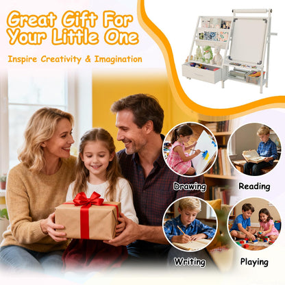 Faesun 4-in-1 Art Easel for Toddlers with Bookshelf and Toy Organizer, Kids Drawing Easel with Paper Roll & Magnetic Whiteboard, Birthday Gift for Ages 2–8, Boys & Girls