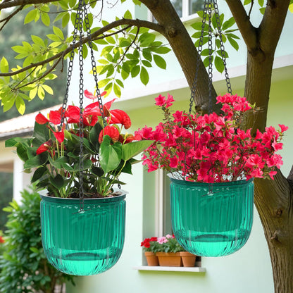 VIDELLY 2 Pack Self Watering Hanging Planters, 8.3" Plastic Hanging Flower Pots with Hooks & Drainage Holes for Indoor Outdoor Plants