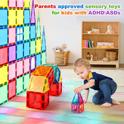 Magnetic Tiles 100PCS Kids Toys - Magnetic Building Blocks STEM Magnet Building Set Preschool Learning Magnet Toys for Kids Ages 3-5 4-8, Sensory Montessori Toy for Toddlers 3+ Year Old Boys Girls