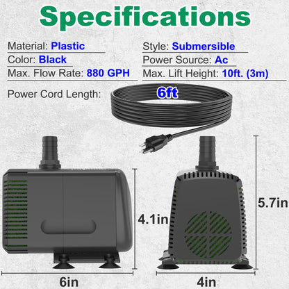 Knifel Submersible Pump 880GPH (3500L/H 60W) Ultra Quiet with Over Heating Protection 10.2ft High Lift for Fountains, Hydroponics, Ponds, Aquariums & More…