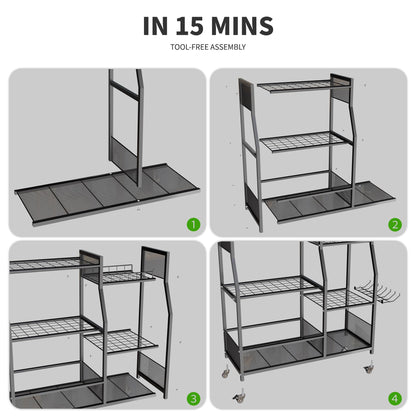 HOTEAGLE Garden Tool Organizer for Garage with 35.4” Width(High Stability), Outdoor Metal Utility Rolling Carts with Mute Wheels & 18.5mm Thick Rods, Easy to Clean, Black