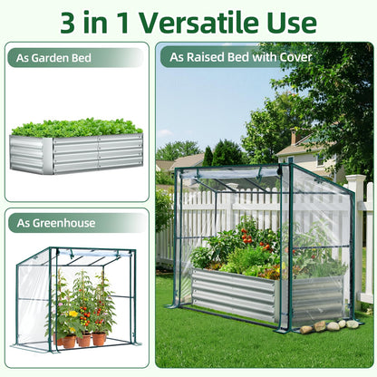 Ohuhu Raised Garden Bed with Cover Outdoor, 4x2x1 FT Galvanized Metal Planter Box with PVC Greenhouse Cover, Protects Plants from Frost Birds Insects, 3-in-1 Gardening Set for Vegetable Flower Herb
