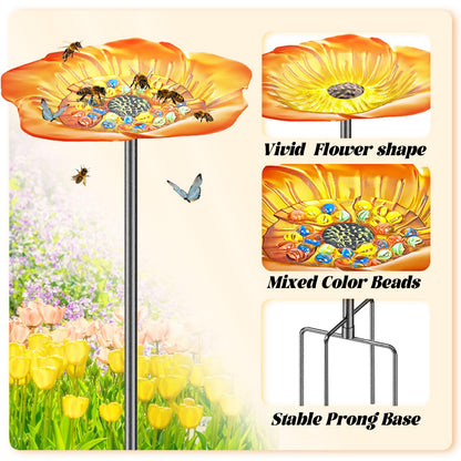 MeyRolizn Bee Butterfly Watering Station, 4 Prongs Base Stake Butterfly Bee Feeder for Garden with Glass Marbles, Bee Bath with Vivid Flower Design for Garden Yard Patio Decor (Orang Yellow)