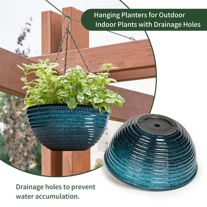 Vanslogreen 12 inch Hanging Planters for Indoor Outdoor Plants, 2 Pack Large Hanging Flower Pots with Drainage Holes and Chain, Glazed Hanging Baskets for Home Garden Decoration, Blue