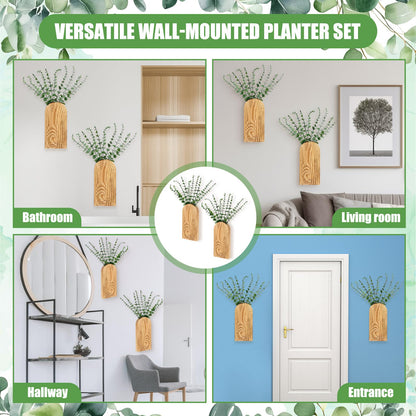 Ninehaoou 2 Pack 15" Wooden Wall Vase with 20 Pcs Artificial Eucalyptus Leaves Stems Planter, Boho Modern Farmhouse Bathroom Hanging Planter for Wedding, Hallway, Bedroom, Living Room
