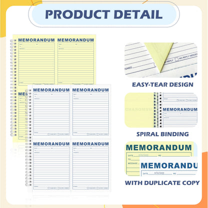 LKTHSEEK Memorandum Forms Book 200 Sets Carbonless 2-Part Duplicate Memo Book 8.5x11 Inches Spiral Bound With Tear Off Line Suitable For Office Or School
