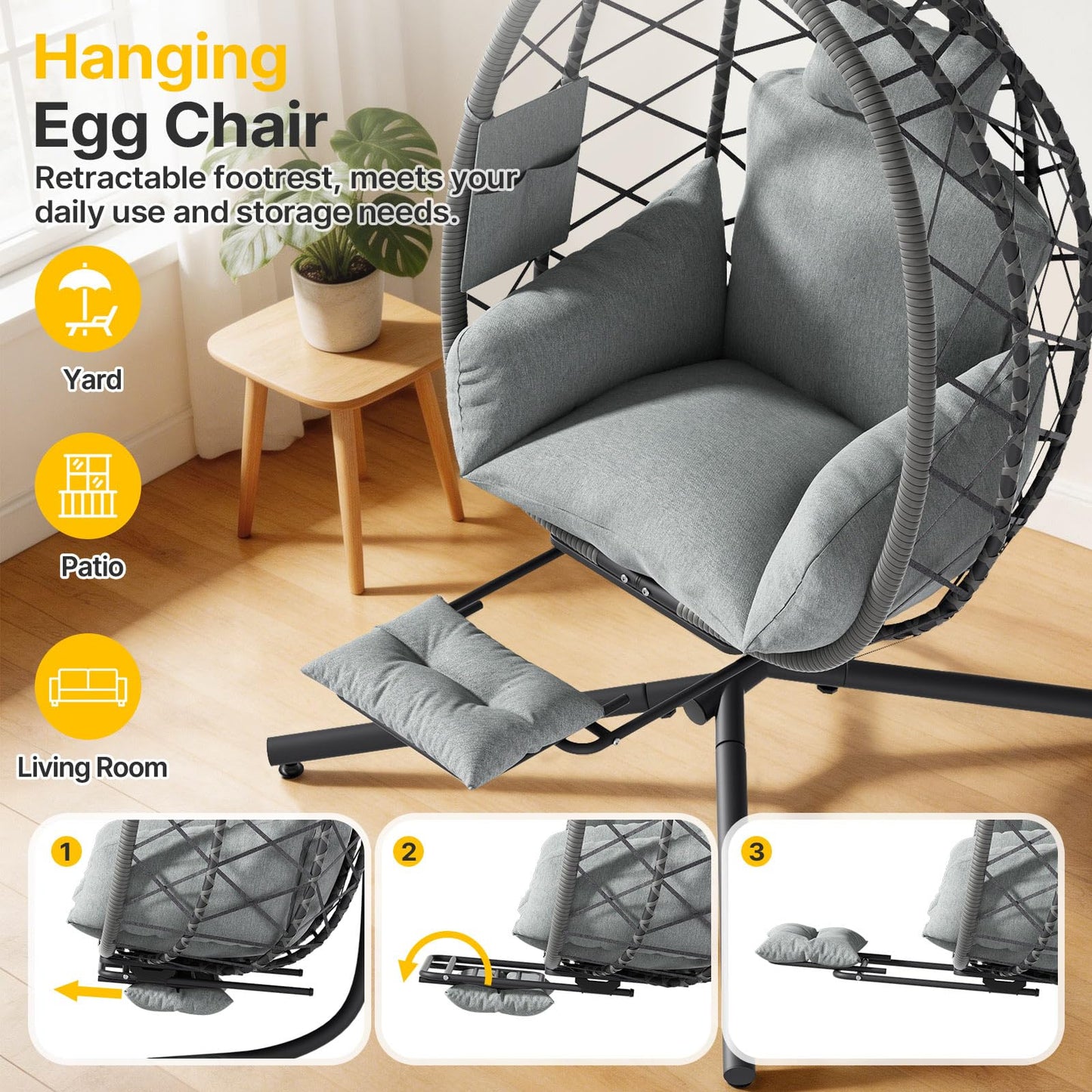 Suteck Hanging Egg Chair with Adjustable Footrest & Stand, Indoor Outdoor Wicker Egg Swing Chair with Cushion, 330lbs Capacity for Patio, Bedroom, Garden - Grey