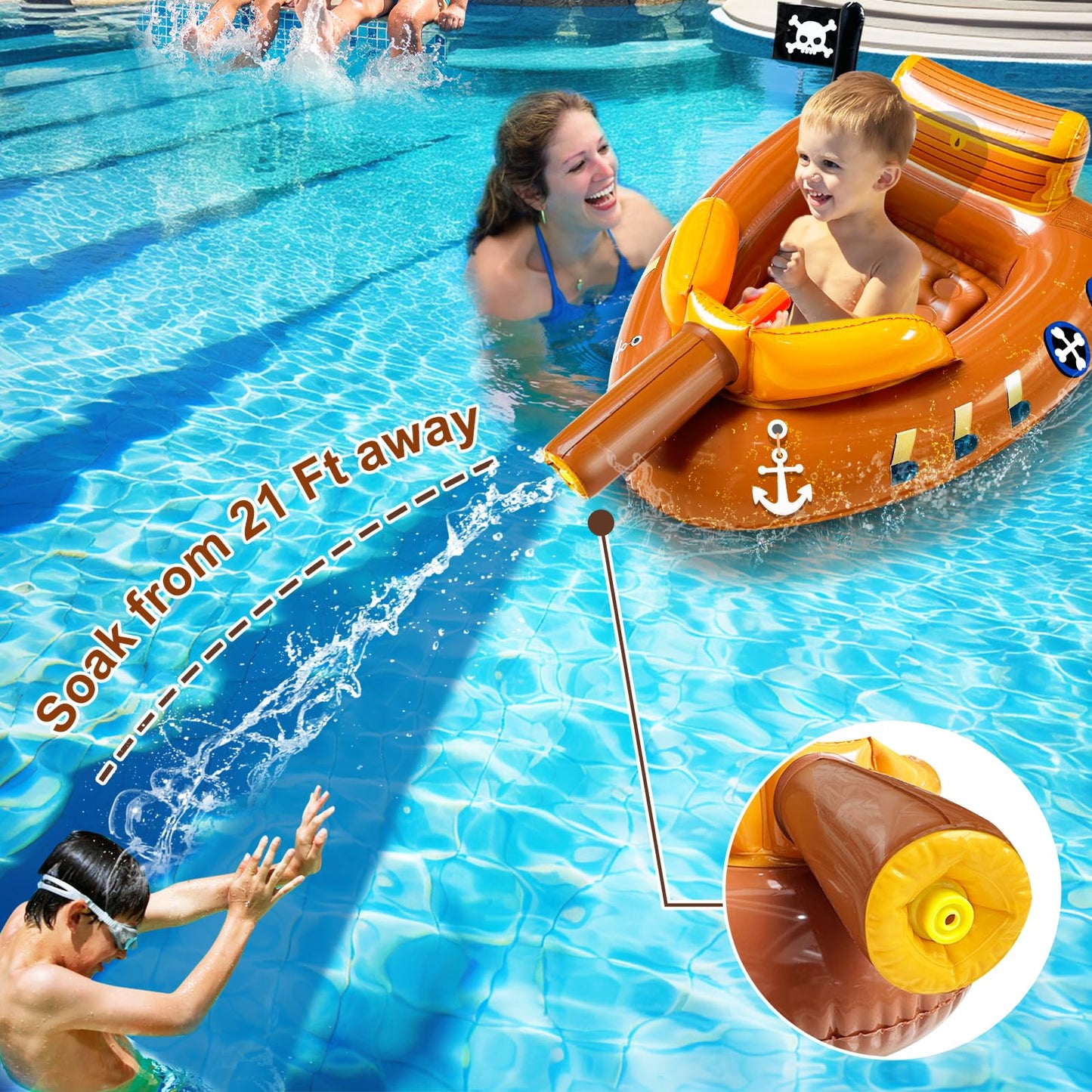 Inflatable Pirate Ship Pool Floats Kids 3-11 Years Toddler Pool Floaties with Water Cannon Gun Swimming Pool Toys Boys Girls Party Float Ride-on Floaty Rafts with Safety Seat Summer Outdoor Water Game