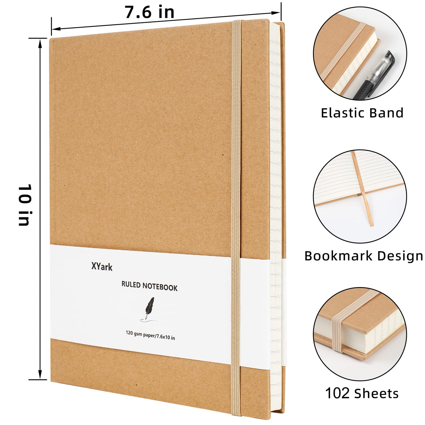XYark Large B5 Line Notebook Journals, College Ruled Kraft Hardcover Sketchbook Subject Composition Notebooks with Lined Paper, 2 Pack, 120GSM, 102 Sheets, 7.6x10 inch, Travel Journal Set