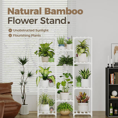 Bamworld White Plant Stand Indoor/Outdoor Ladder Plant Rack, 3 Tiers for 7 Pots, Living Room Boho Decor