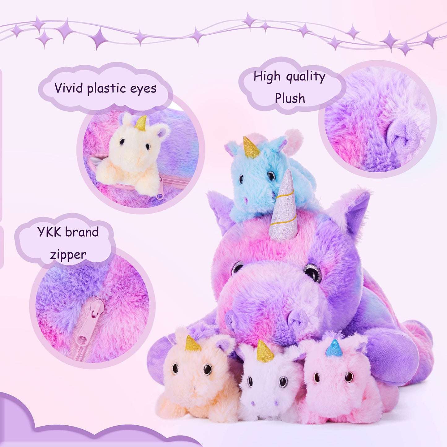 IKASA Mommy Unicorn Toys for Girls Age 4-6,Mom and Baby Stuffed Animal Plush Toy,Small Family Set Toy with Little Babies,Gifts for Kid (Unicorn,18")