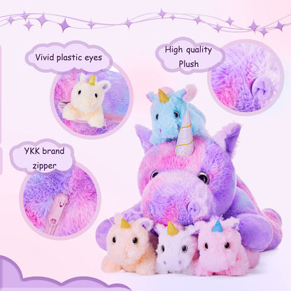 IKASA Mommy Unicorn Toys for Girls Age 4-6,Mom and Baby Stuffed Animal Plush Toy,Small Family Set Toy with Little Babies,Gifts for Kid (Unicorn,18")