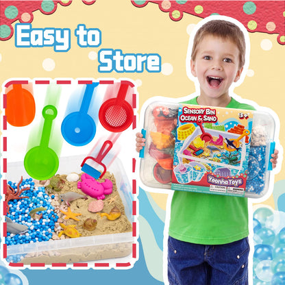 Ocean&Sand Sensory Bin with Lid, 42 Pcs Sensory Sand Kit with Sea Animals for Kids, Birthday Christmas Gifts for Boys Girls, Preschool Learning Activities Tools Box, Outdoor Sandbox Toys for Toddlers