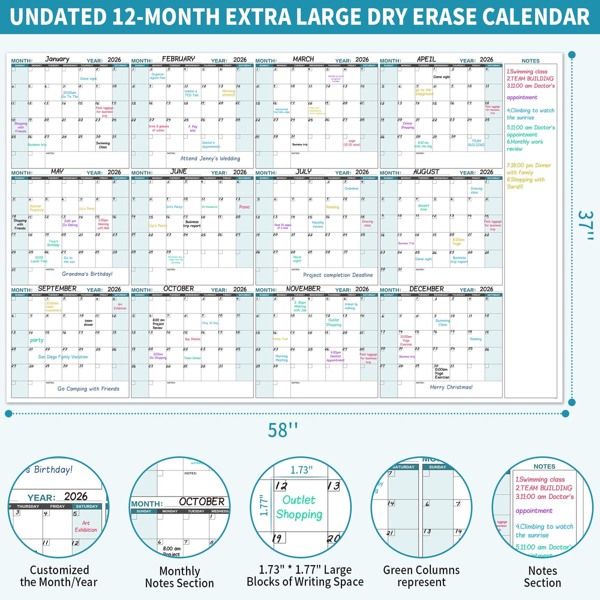 Large Dry Erase Calendar for Wall – Yearly Wall Calendar Dry Erase, 58" x 37", 12-Month Undated Blank Calendar Planner, Reusable Laminated with 15 Round Stickers, Perfect Large Wall Calendar for Office, Home and Classroom