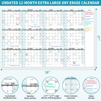Large Dry Erase Calendar for Wall – Yearly Wall Calendar Dry Erase, 58" x 37", 12-Month Undated Blank Calendar Planner, Reusable Laminated with 15 Round Stickers, Perfect Large Wall Calendar for Office, Home and Classroom