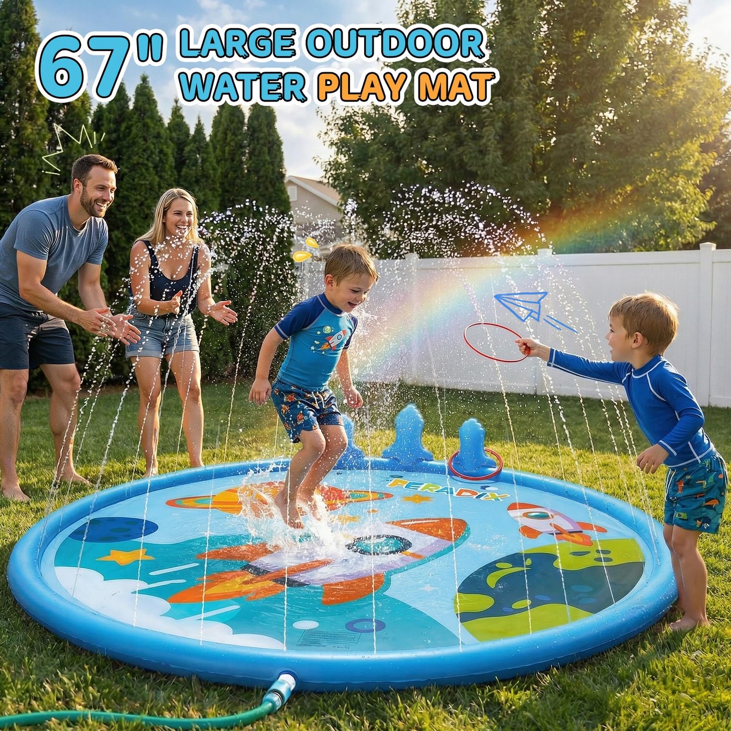 Peradix Toddler Splash Pad for Kids, 67" Sprinkler Mat with Ring Toss Game, Kids Summer Toys for Boys Girls & Family, Baby Splash Pad for Outside Backyard Garden Lawn Water Games, 6 Plastic Rings