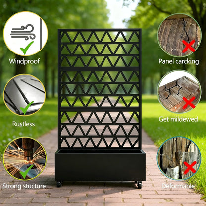 Metal Planter Box with Trellis, 73-Inch Tall Raised Garden Bed with Wheels, Privacy Screen Planter for Climbing Plants, Vegetables & Vines, Galvanized Steel Outdoor Privacy Shield, Black (Square-1)