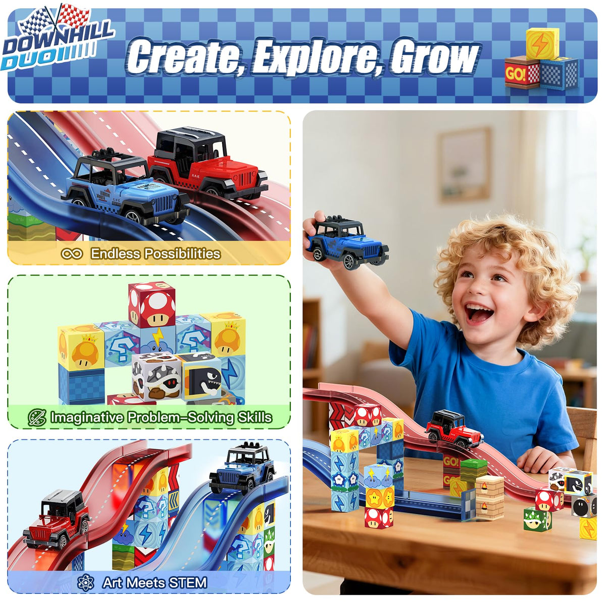 tinytrek Magnetic Tiles Race Track Set, 52PCS STEM Educational Magnetic Building Blocks with 2 Race Cars, Montessori Sensory Travel Toys for Kids 3 4 5 6 7 8, Birthday for Boys & Girls