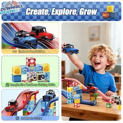 tinytrek Magnetic Tiles Race Track Set, 52PCS STEM Educational Magnetic Building Blocks with 2 Race Cars, Montessori Sensory Travel Toys for Kids 3 4 5 6 7 8, Birthday for Boys & Girls