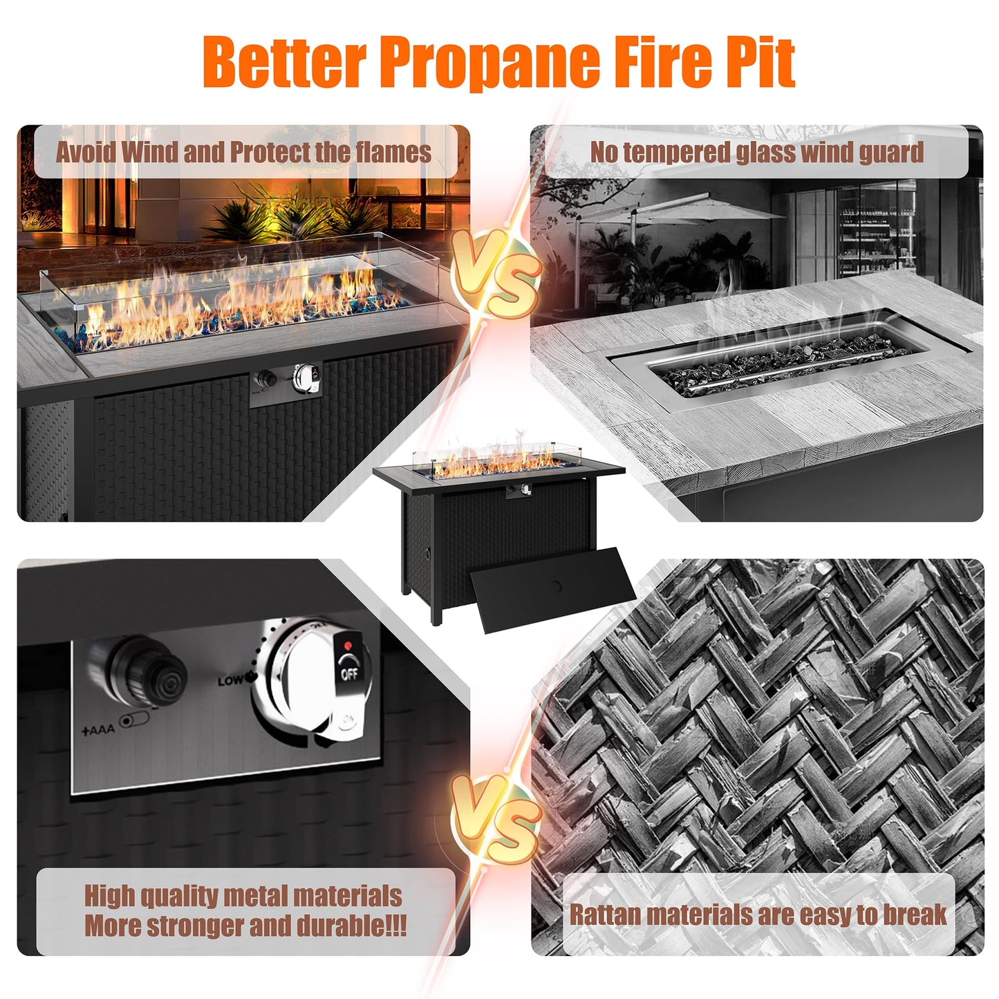 Shintenchi 45 Inch Outdoor Propane Fire Pit 50,000 BTU Gas Fire Pit Table with Lid, Glass Wind Guard, Waterproof Cover, Rectangle Gas Firepit Table for Garden/Patio, CSA Certification