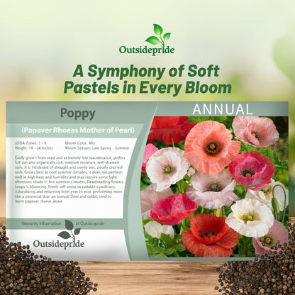Outsidepride Mother of Pearl Poppy Seeds for Planting - 500 Pcs Annual, Drought-Tolerant & Easy to Grow Wildflower Seeds with Vibrant Mix Blooms for Landscaping, & Pollinator Garden