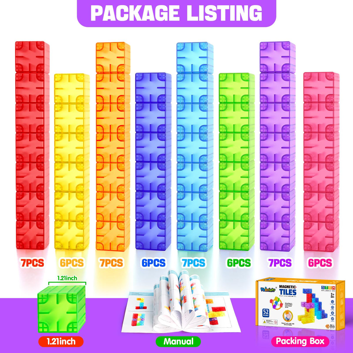 Feoxialy Magnetic Blocks - 52pcs Translucent Magnetic Cubes, Digit Building Blocks Magnet Toys for Kids, Rainbow STEM Creativity Toys 3+ Year Old Boys & Girls Toddlers Kids Christmas Birthday Gifts