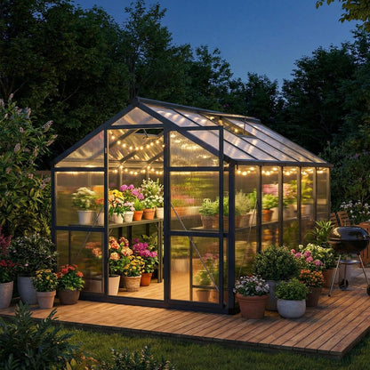 Garvee 8x10ft Greenhouse, Large Walk-in Greenhouse for Outdoors with Roof Vent & Lockable Outward-Opening Swing Door, Heavy Duty Aluminum Frame Polycarbonate Green House for Garden,Backyard,Lawn,Grey