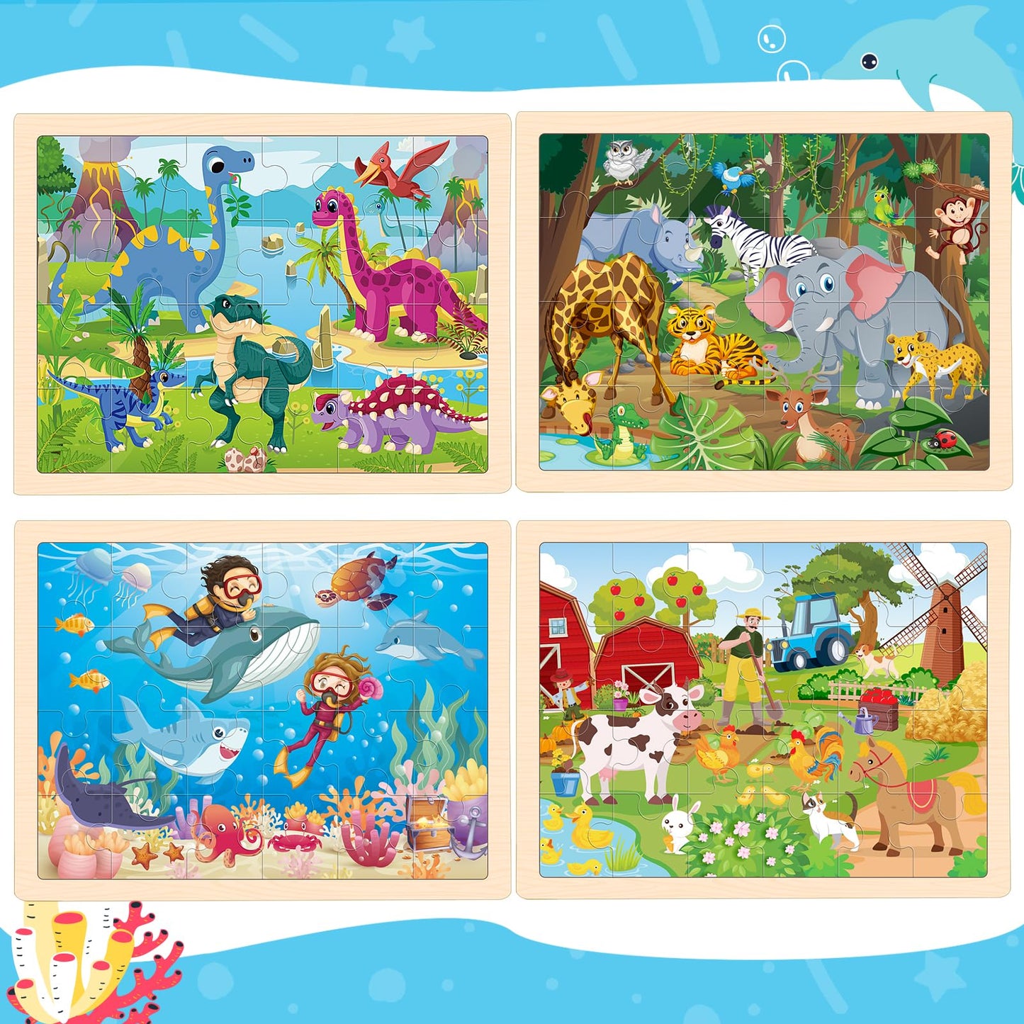 Puzzles for Kids Ages 4-6, 4 Packs Wooden Animals Jigsaw Puzzles for Toddlers Ages 3-5, Preschool Educational Puzzles Boards Toys Gifts for 3 4 5 6 Boys Girls