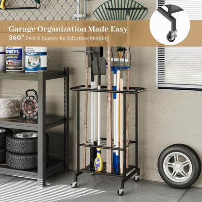 AUGOHCMIL Garden Tool Organizer with Wheels, Heavy Duty Metal Garage Tool Storage Rack, Yard Tool Holder for Long-Handled Tools, Rakes and Brooms, Indoor and Outdoor Use for Shed, Patio