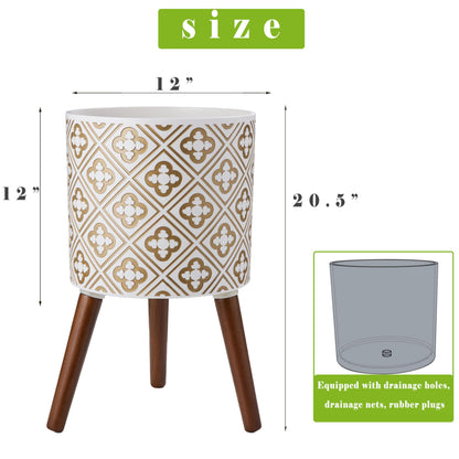 naclto 12 Inch Planter Pot with Stand,Plant Stand Plant Pot for Indoor Plants,Large Modern Flower Pots Indoor Outdoor with Drainage for Home Garden Patio, White and Gold