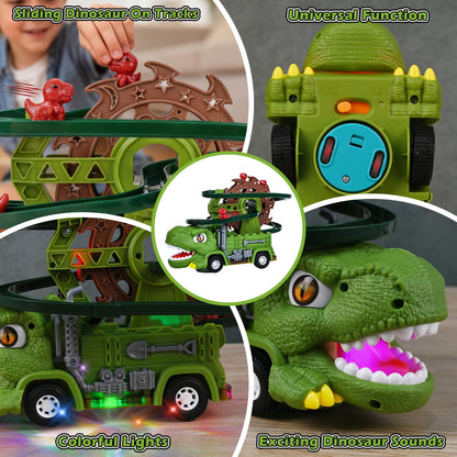Tyyseis Dinosaur Toys for Kids,2 in 1 Dinosaur Truck Set wiht Nonstop Sliding Baby Dinos On Tracks,Auto Avoids Obstacles Toddlers Crawling Toys,Birthday Gifts with Music Lights for 3 4 5 Year Old Boys