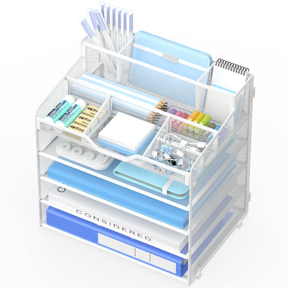 OrgMate 5 Tier Mesh Desk Organizer,Multi Functional Letter Paper Tray with 3 Pen Holders and 5 Adjustable Storage Compartments for Office Supplies Files and Mail Space Saving Desktop Organizer-White
